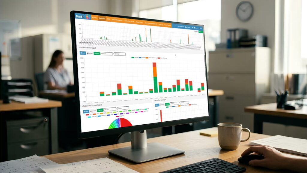 User interface of top medical billing software showing claim approvals and analytics