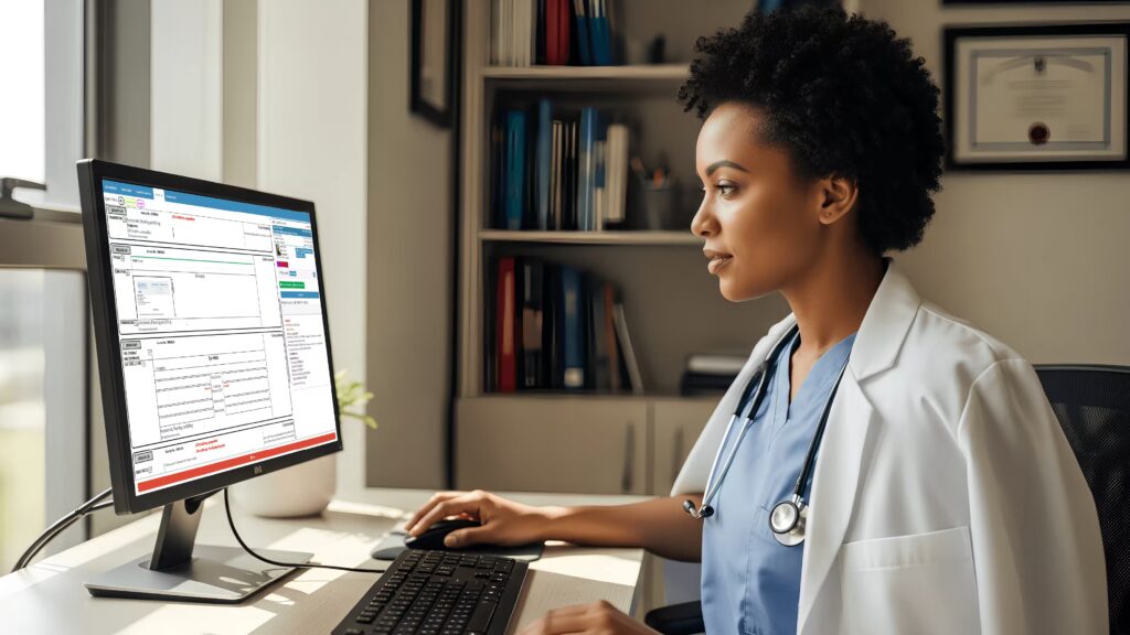 Medical professional using EHR management software to access patient records in a Botswana clinic