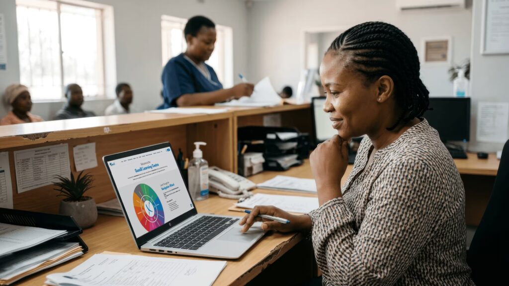 Practice manager in Botswana accessing the GoodX Learning Centre on a laptop at a medical clinic