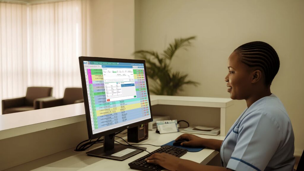 Receptionist using healthcare scheduling software to manage patient appointments in a Botswana clinic