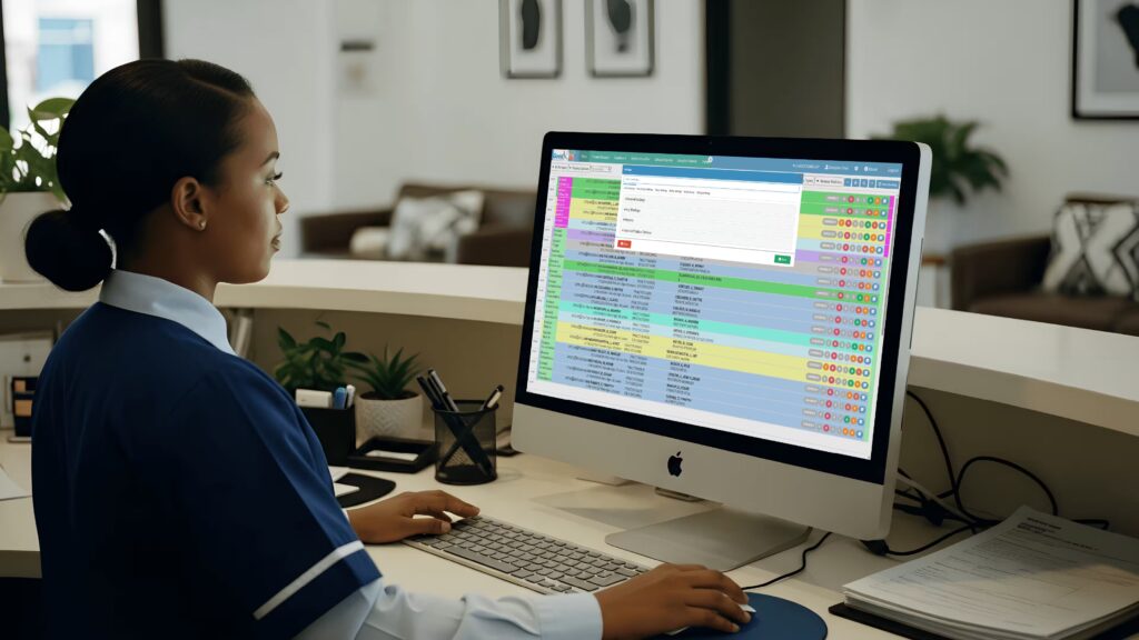 Receptionist using medical practice software programs at a Botswana medical clinic front desk